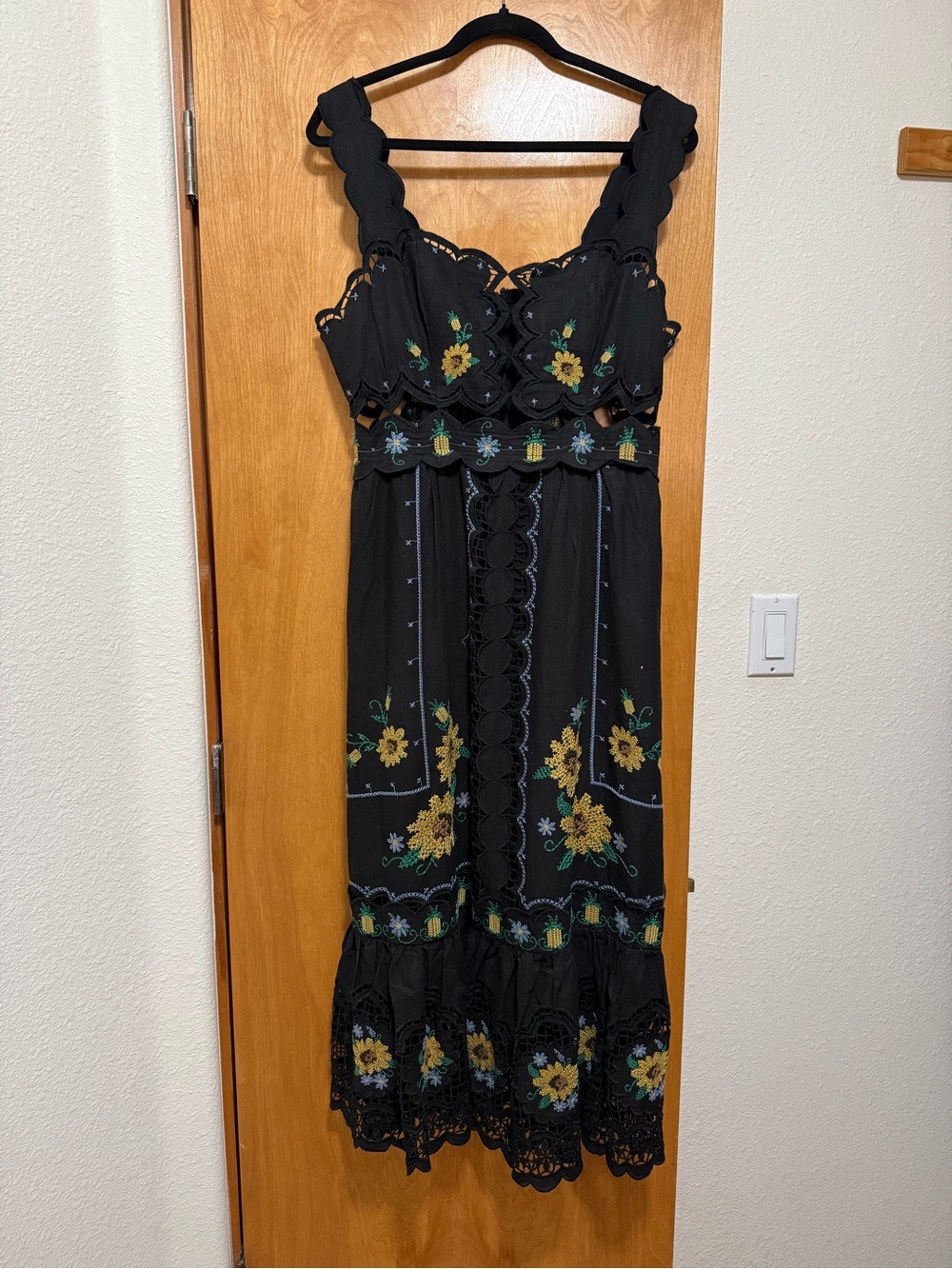 FARM Rio Black Maxi Dress with Yellow & Green Floral Embroidery